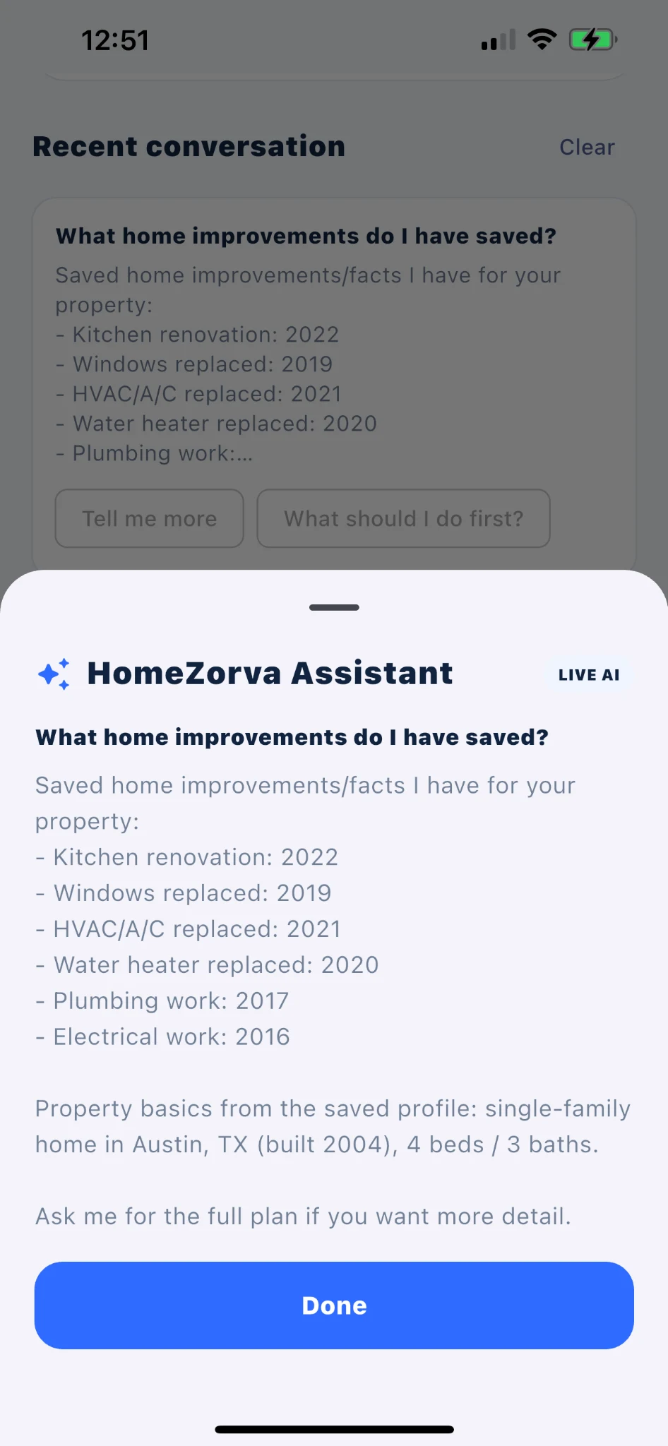 HomeZorva Assistant answering a question about saved home improvements.