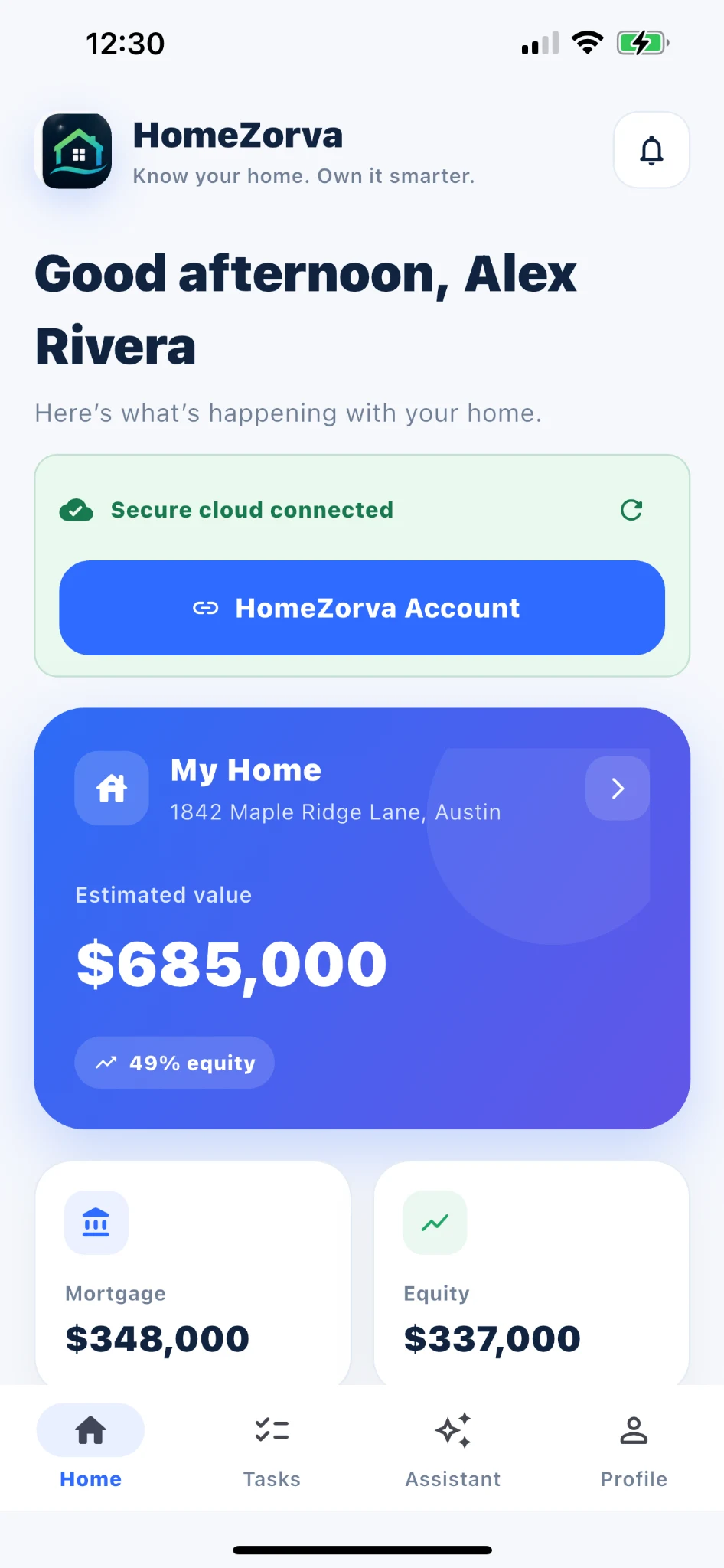 HomeZorva Home dashboard.