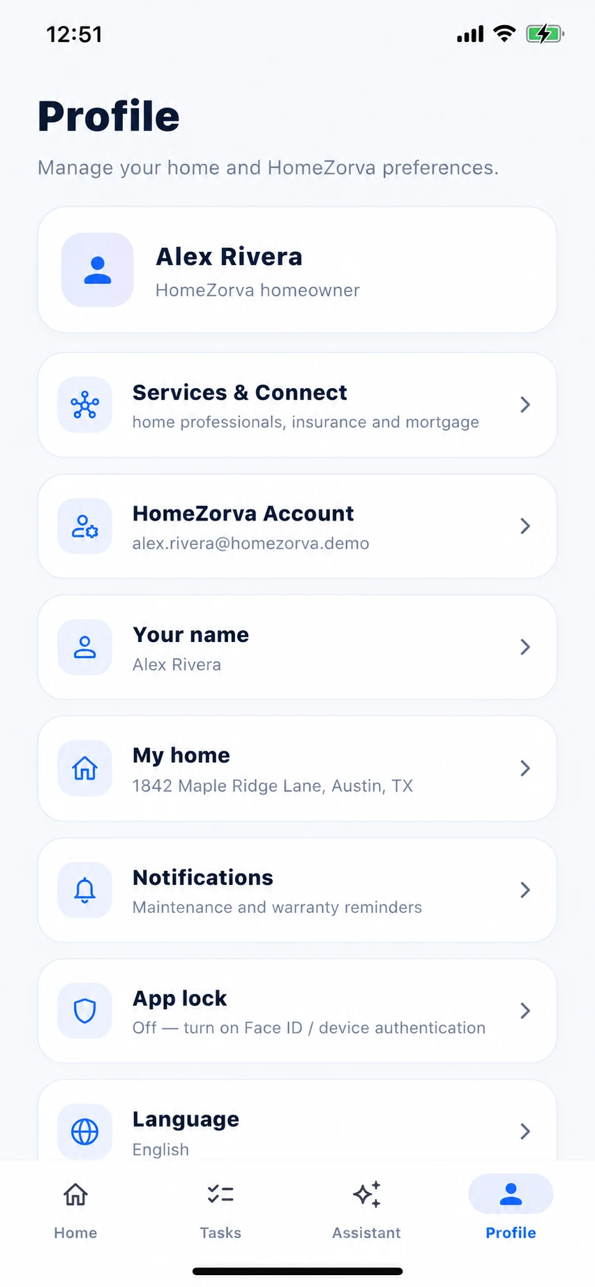 Privacy-safe HomeZorva demo Profile screen showing account and device controls.