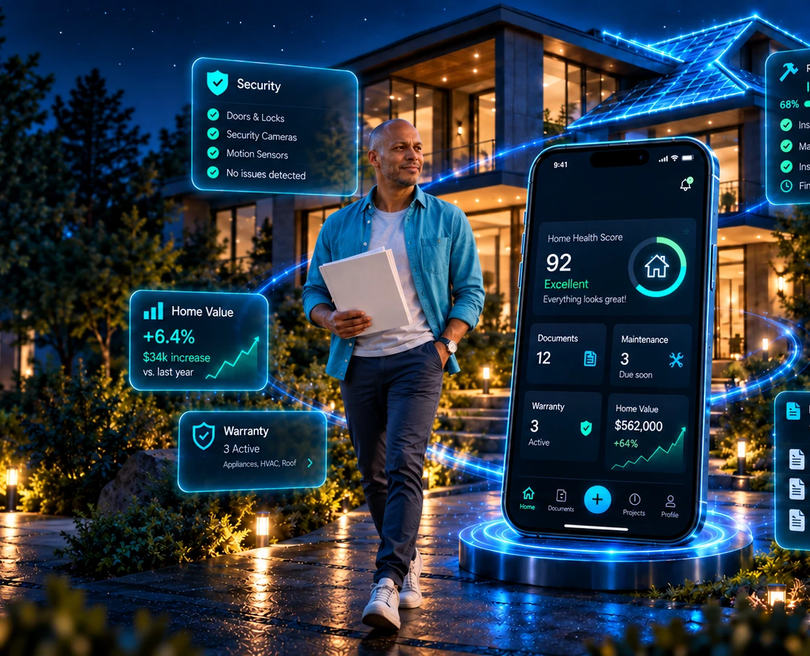 Homeowner holding home documents beside a modern home and HomeZorva app interface.
