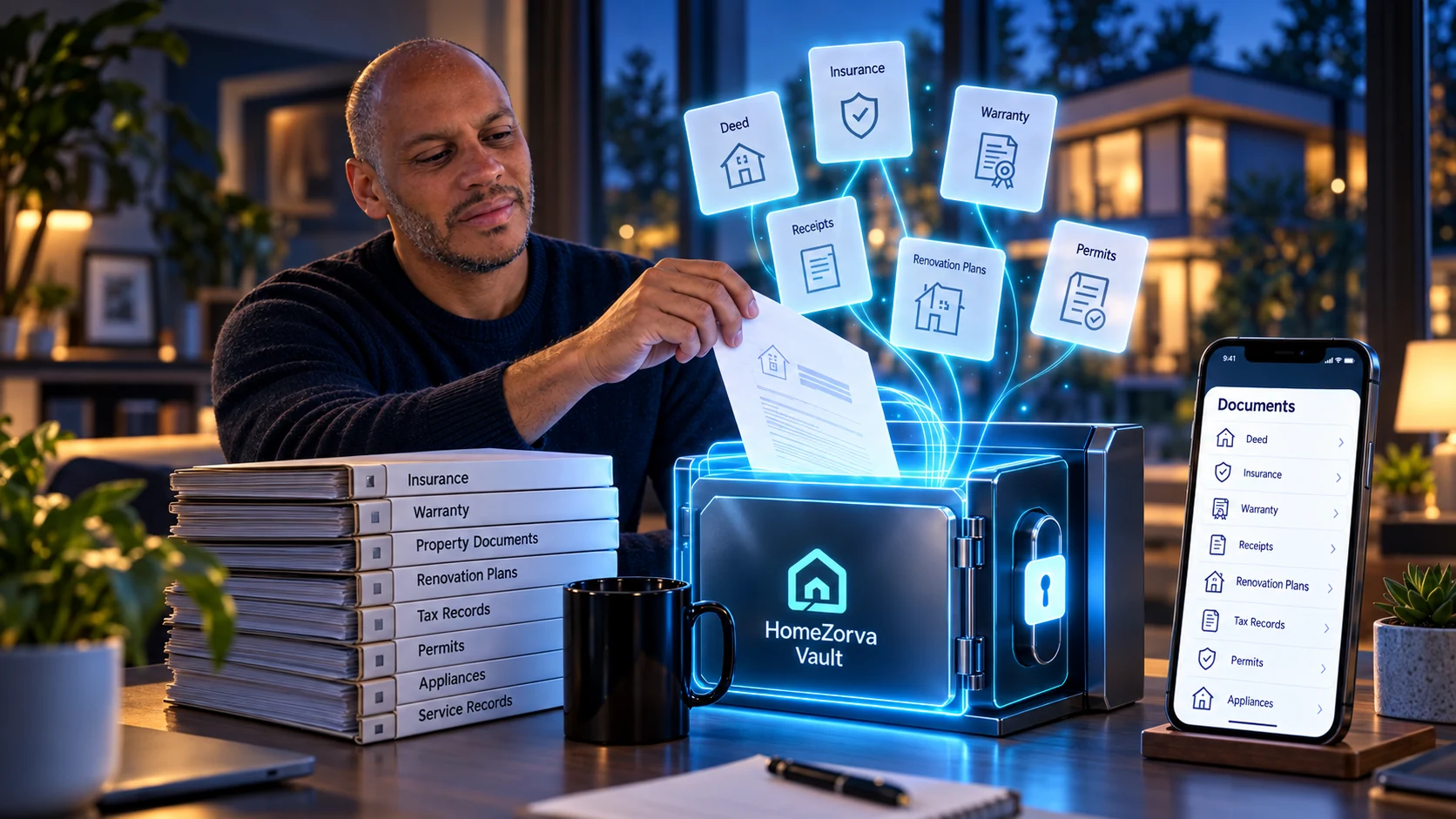Homeowner organizing home documents with the HomeZorva Vault and mobile document categories.
