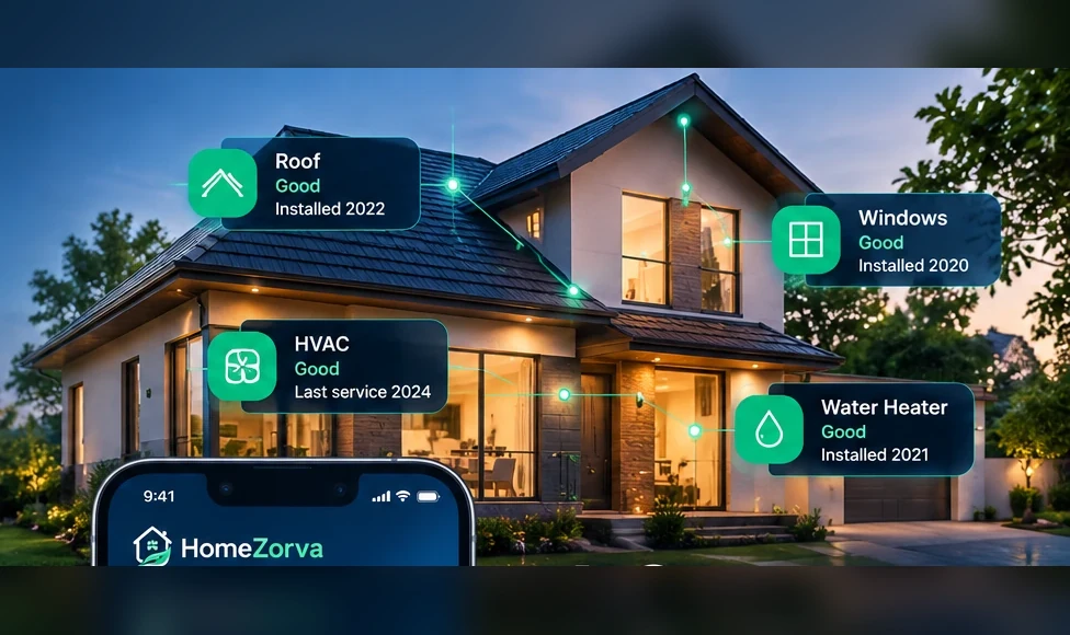 Modern home with HomeZorva intelligence callouts for roof, HVAC, windows and water heater.